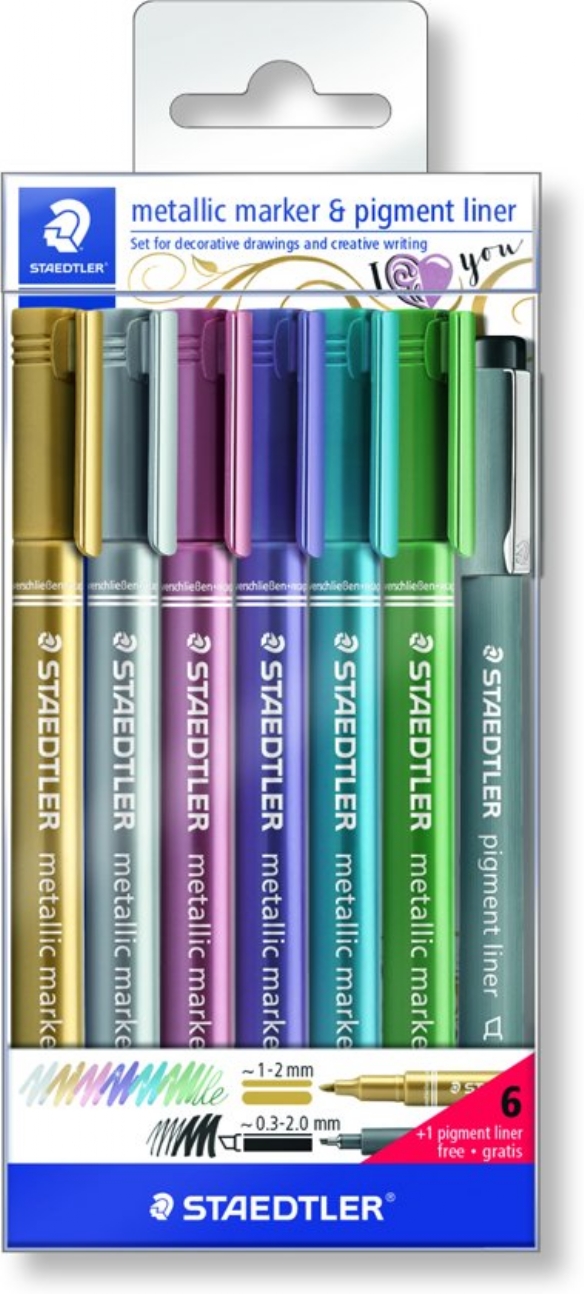 Steadtler metallic markers ass. 6 kleuren en 1 pigmentliner beitelpunt kopen?