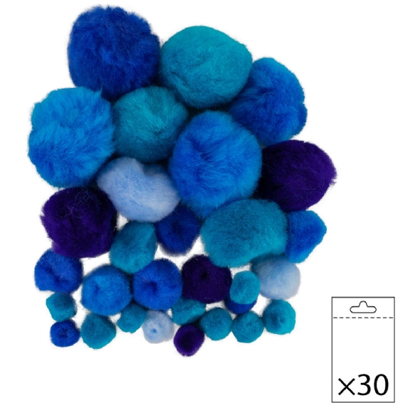 Pompoentjes/pompons/pompoms, blauw-mix, 10-40mm, 30 stuks  kopen?