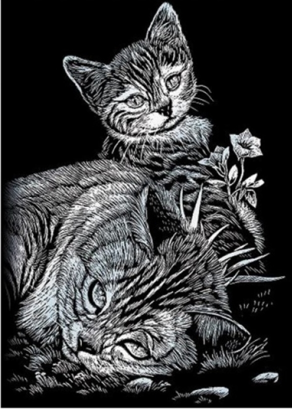 Krasfolie / Kraskaart, 12.5 x 17.5 cm, zilver, poes met kittens kopen?
