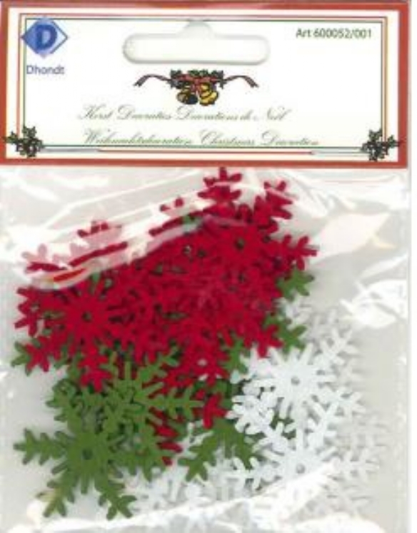 OUTLET Vilten sneeuwvlokjes 30mm, 30st, rood, groen en wit a 10 stuks kopen?