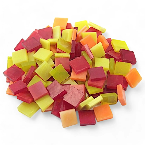 Tiffany glasmozaiek, 10 x 10 mm, 200 gr,  geel / rood mix kopen?
