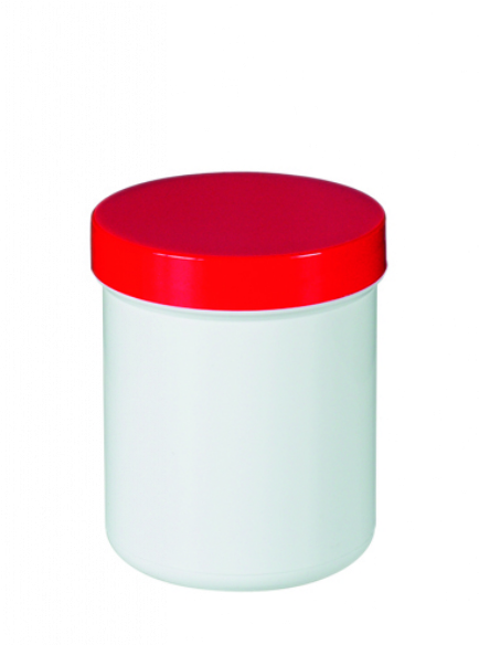 Kunststof pot, wit, met rode schroefdeksel, 150ml