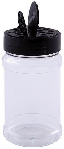 Kunststof pot glashelder, met zwart klep/strooischroefdeksel, 330ml
