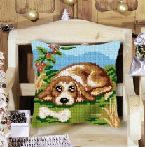 Kussenpakket in kruissteek, 40x40cm, hond met bot