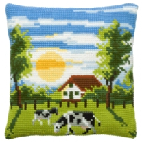 Kussenpakket in kruissteek, 40x40cm, boerderij / koeien