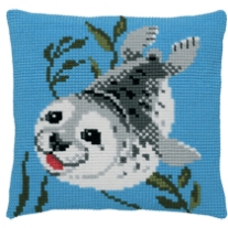 Kussenpakket in kruissteek, 40x40cm, zwemmende zeehond