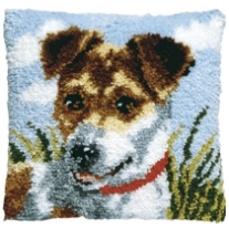 Kussenpakket in knooptechniek, 40x40cm, hond/Jack Russel