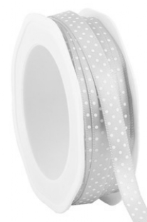 Satijnlint met witte stippen, 10 mm, 25 meter, zilvergrijs