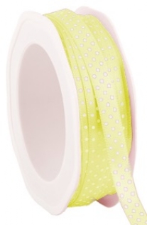 Satijnlint met witte stippen, 10 mm, 25 meter, geel
