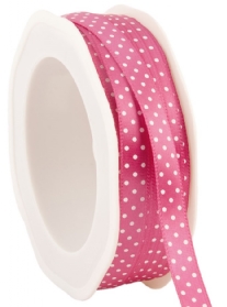 OP=OP Satijnlint met witte stippen, 10 mm, 25 meter, fuchsia