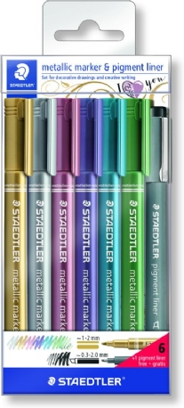 Steadtler metallic markers ass. 6 kleuren en 1 pigmentliner beitelpunt