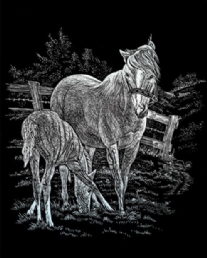 Krasfolie / Kraskaart, 20x25cm, zilver, paard en veulen