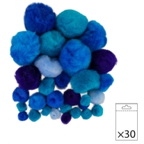 Pompoentjes/pompons/pompoms, blauw-mix, 10-40mm, 30 stuks 
