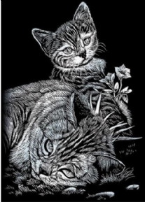 Krasfolie / Kraskaart, 12.5 x 17.5 cm, zilver, poes met kittens