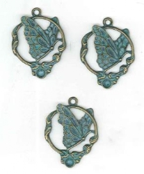 OUTLET Steampunk bedels/bedeltjes, vlinder medaillon, 3 st, kopergroen
