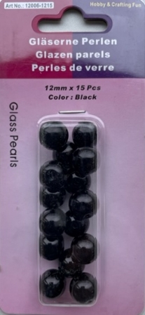 OUTLET Glasparels zwart, 12mm, 15 stuks
