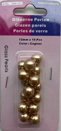 OUTLET Glasparels cognac, 12mm, 15 stuks