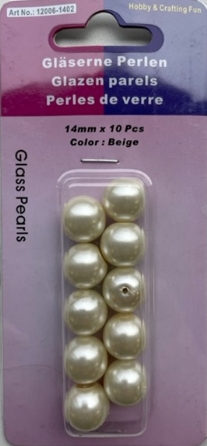 OUTLET Glasparels beige, 14mm, 10 stuks