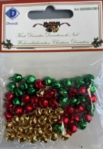 OUTLET Kattebelletjes / metalen belletjes, goud, rood en groen, 60 stuks