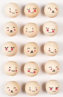 Houten kralen met gezicht, cute faces, 15mm, 15 stuks in 3 varianten