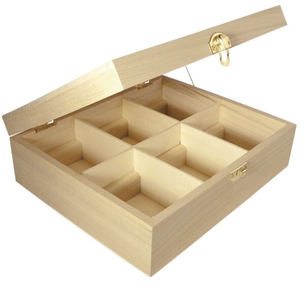 Houten theedoos, 6-vaks, 215 x 180 x 70 mm