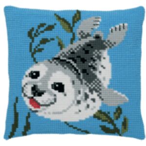 Kussenpakket in kruissteek, 40x40cm, zwemmende zeehond