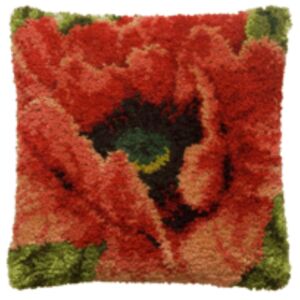 Kussenpakket in knooptechniek, 40x40cm, grote rode bloem
