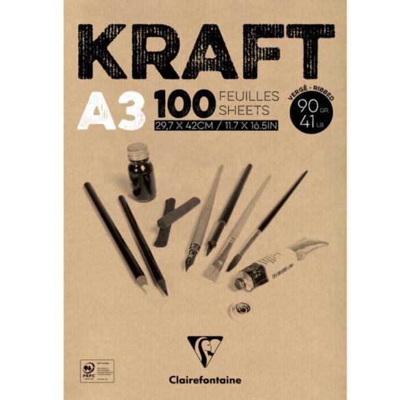 Kraft tekenblok van bruin papier 90gr, A3 100 vel