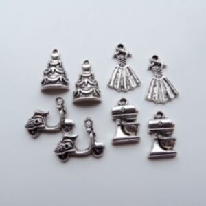 OUTLET bedels/bedeltjes, zilverkleurig, 4 x 2 stuks, Happy days