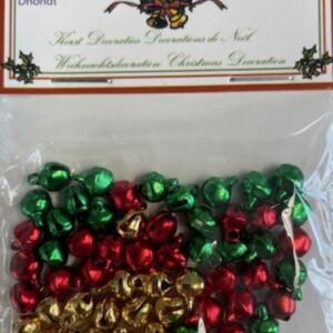 OUTLET Kattebelletjes / metalen belletjes, goud, rood en groen, 60 stuks