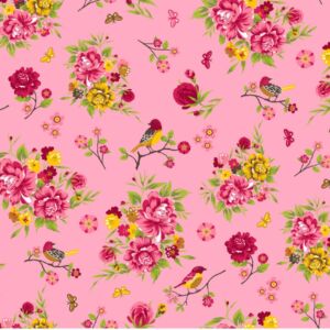 Bedrukte katoenen stof, 45 x 50 cm, romantic roze, bloemen motief