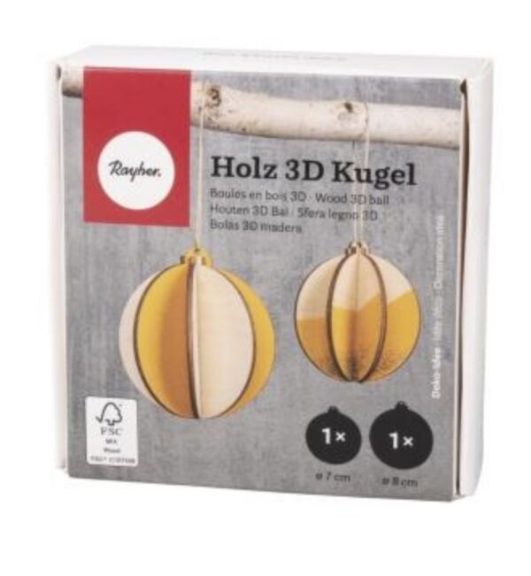 Houten 3D kerstbal met koord, 7 en 8 cm, 2 stuks, 8-delig