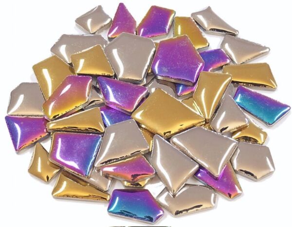 Keramische mozaiekstukjes deluxe, mix (rainbow, goud en zilver), 100gr, ca 90st