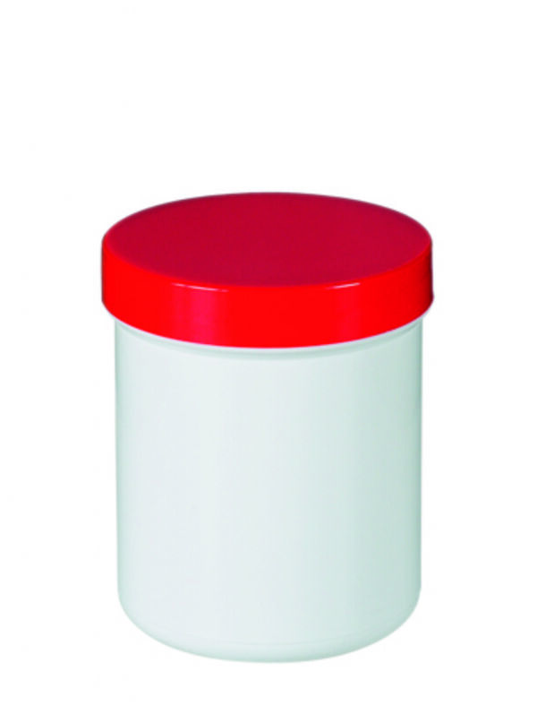 Kunststof pot, wit, met rode schroefdeksel, 150ml