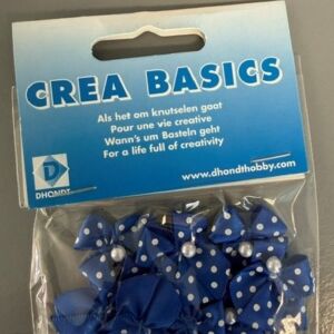 Satijnen strikjes polka dot met parel blauw, 10 stuks