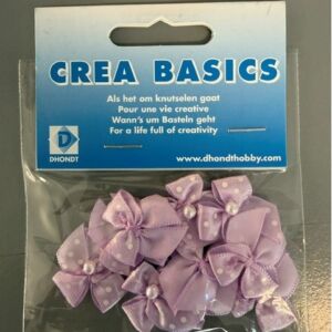Satijnen strikjes polka dot met parel lila, 10 stuks