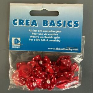 Satijnen strikjes polka dot met parel rood, 10 stuks