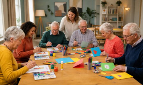 Deelnemers werken samen met een begeleider aan een creatieve activiteit tijdens dagbesteding
