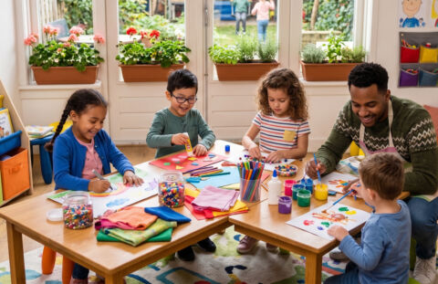 Knutselmaterialen klaargezet voor een activiteit op de buitenschoolse opvang