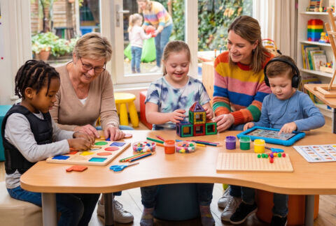 Leerkracht begeleidt een kleine groep leerlingen bij een creatieve activiteit