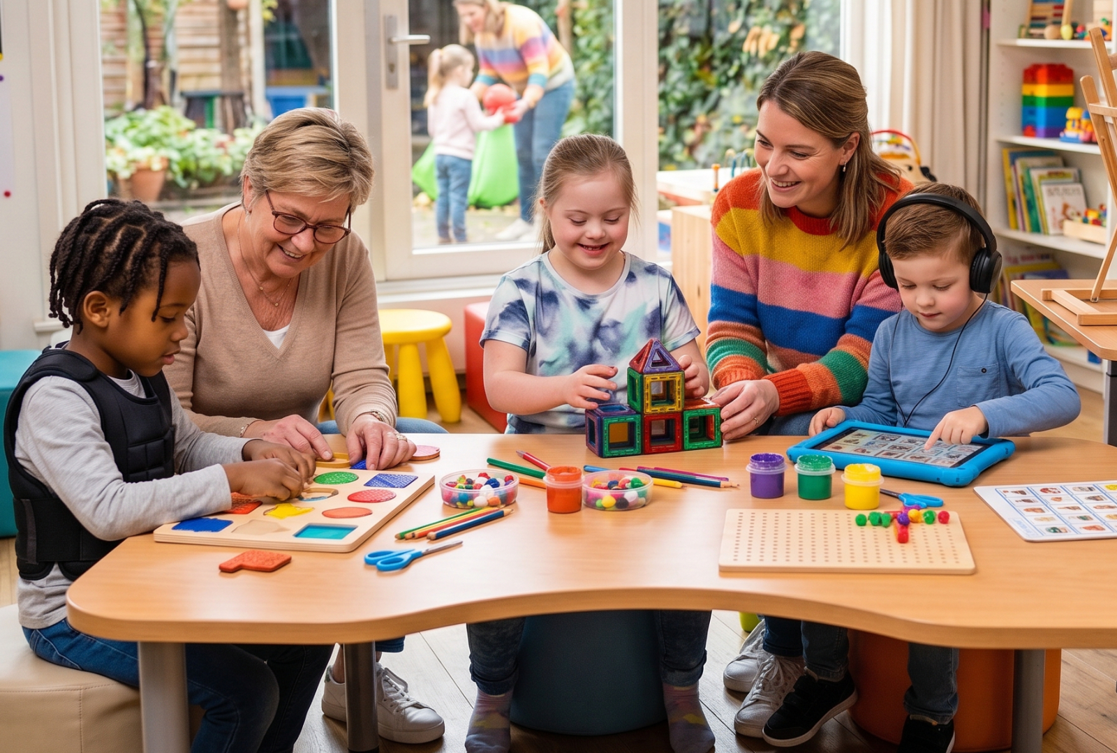 Leerkracht begeleidt een kleine groep leerlingen bij een creatieve activiteit