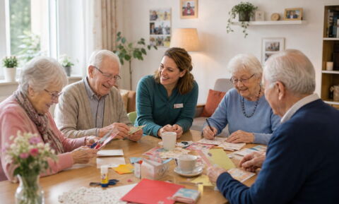 Bewoners van een verpleeghuis werken samen met een begeleider aan een creatieve activiteit