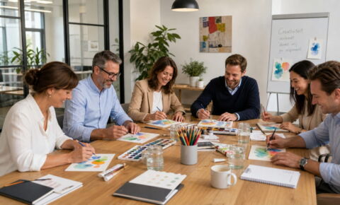 Collega's schilderen met waterverf tijdens een creatieve workshop op kantoor