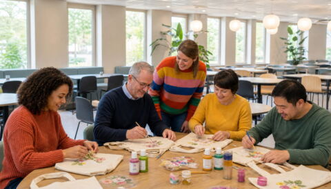 Bewoners werken samen aan een creatieve activiteit in een zorginstelling