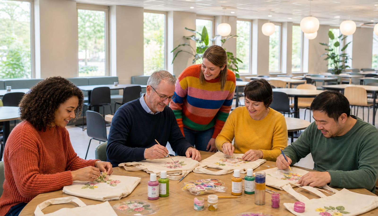 Bewoners werken samen aan een creatieve activiteit in een zorginstelling