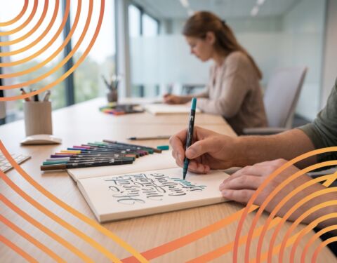 Handlettering met brushmarkers in een schetsboek op een bureau