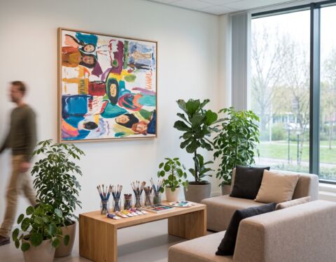 Creatieve hoek op kantoor met een gezamenlijk gemaakt schilderij aan de wand