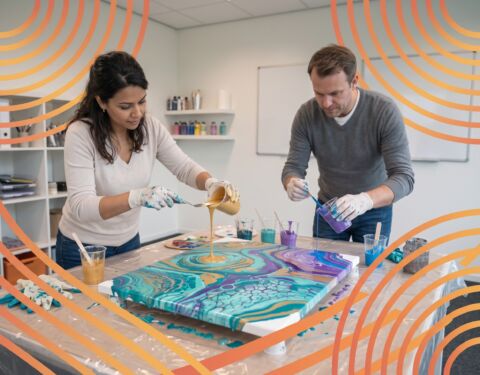 Collega's gieten acrylverf over een canvas tijdens een pouring workshop