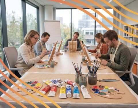 Collega's schilderen op canvas tijdens een workshop op kantoor