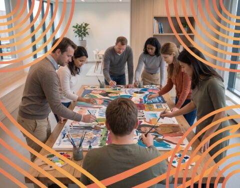 Team werkt samen aan één groot canvas op kantoor